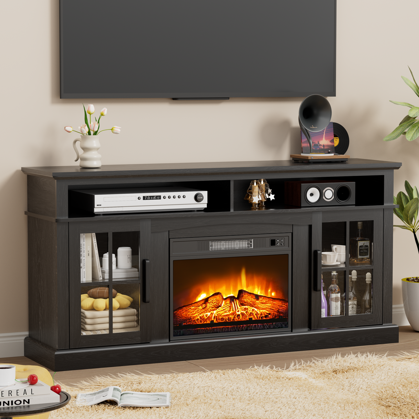 65 Inches TV Stand with 23in Fireplace