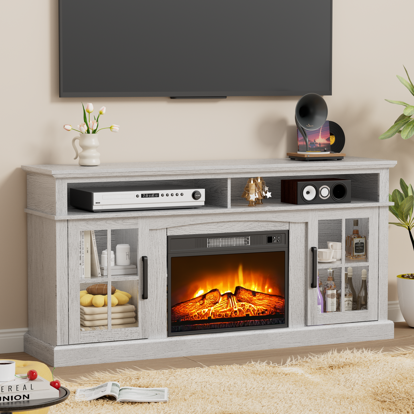 65 Inches TV Stand with 23in Fireplace