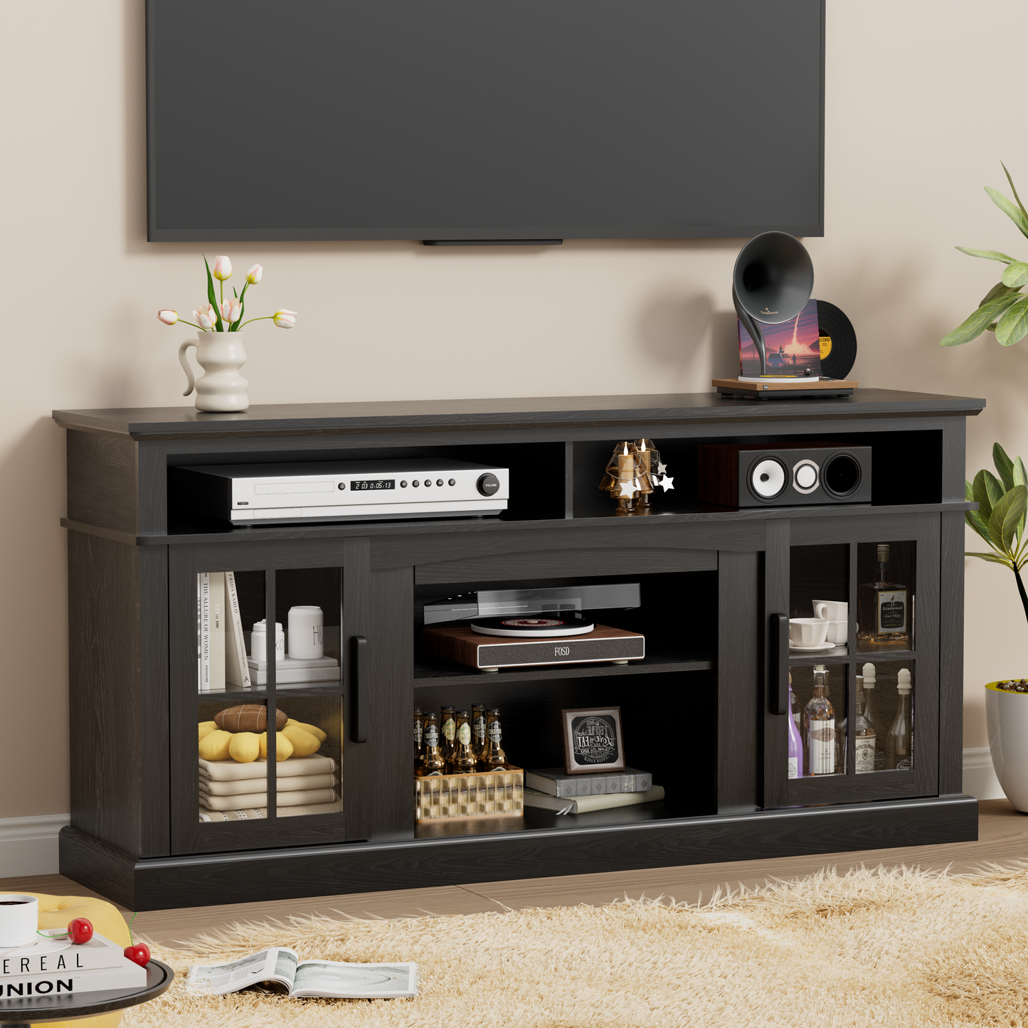 58 Inches TV Stand with Open Shelves
