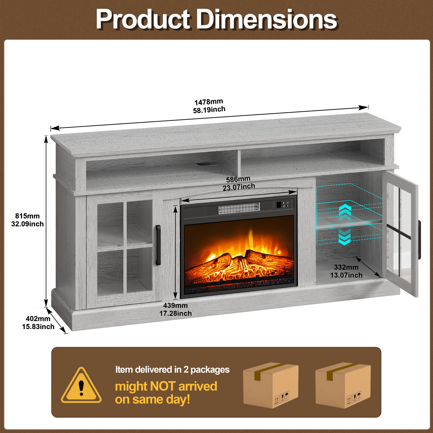 65 Inches TV Stand with 23in Fireplace