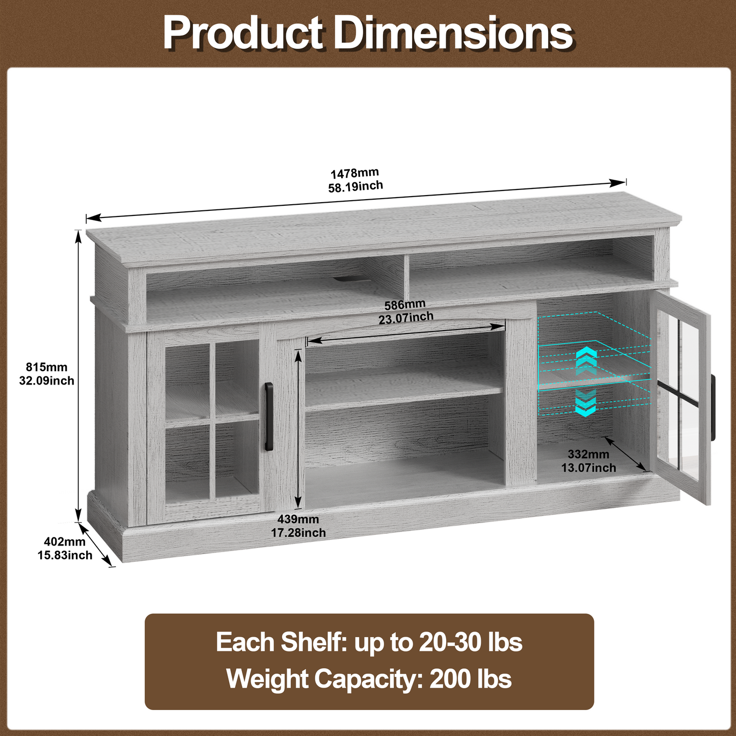 58 Inches TV Stand with Open Shelves