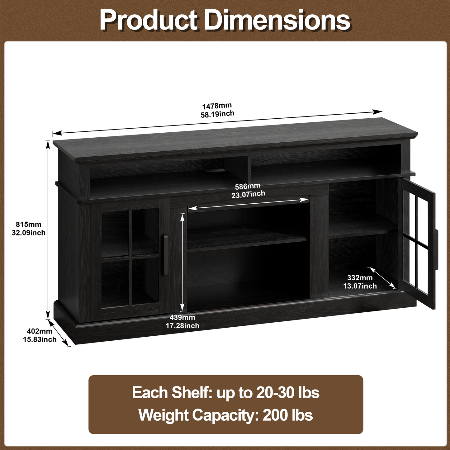 58 Inches TV Stand with Open Shelves