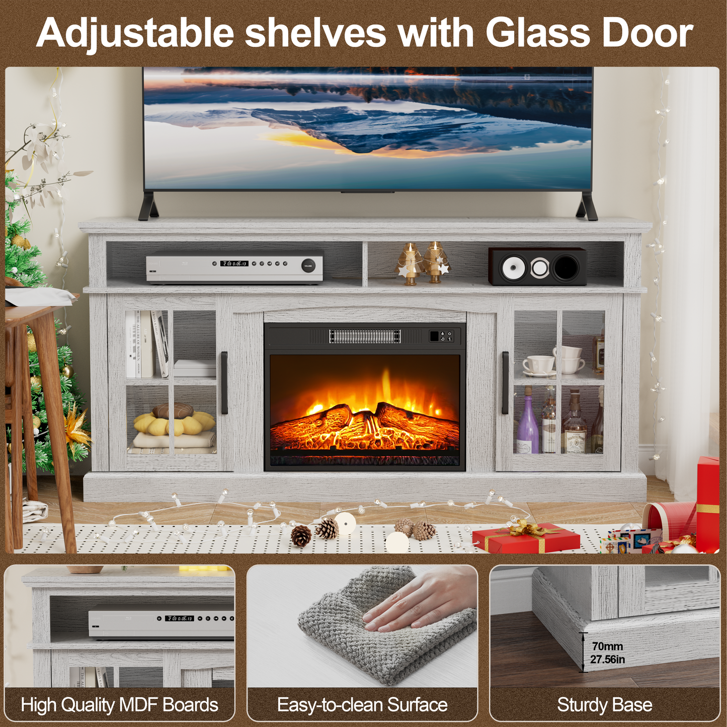 65 Inches TV Stand with 23in Fireplace