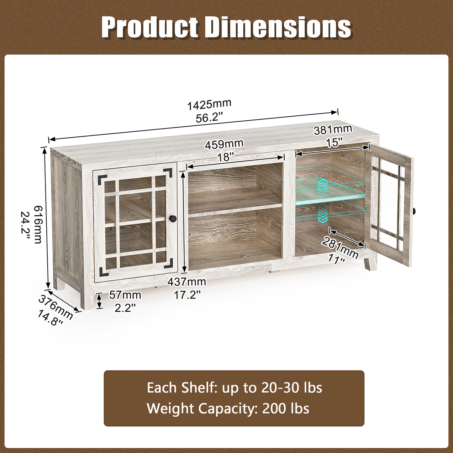 56 Inches TV Stand With Open Central Shelve