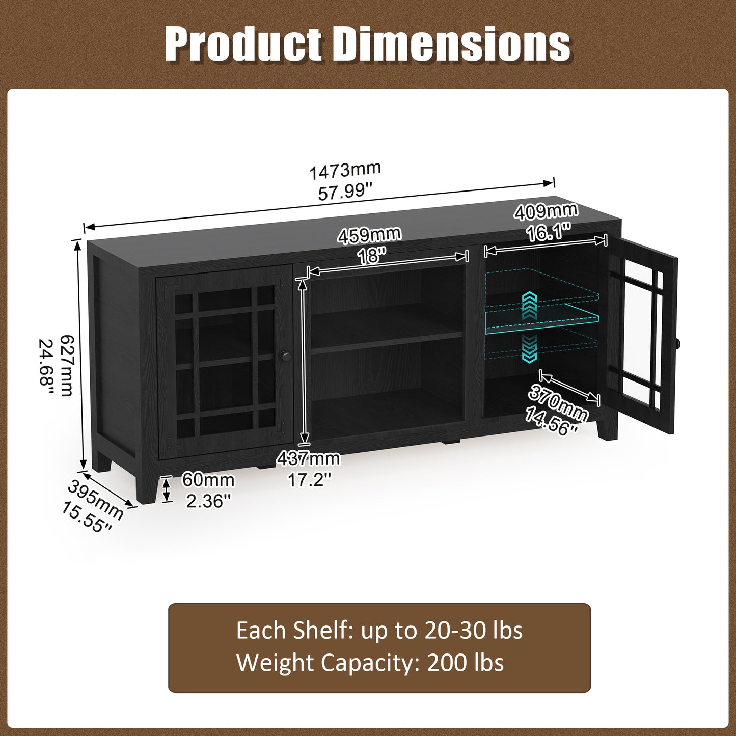 58" TV Stand Media Console Table with Open Shelf Cabinet