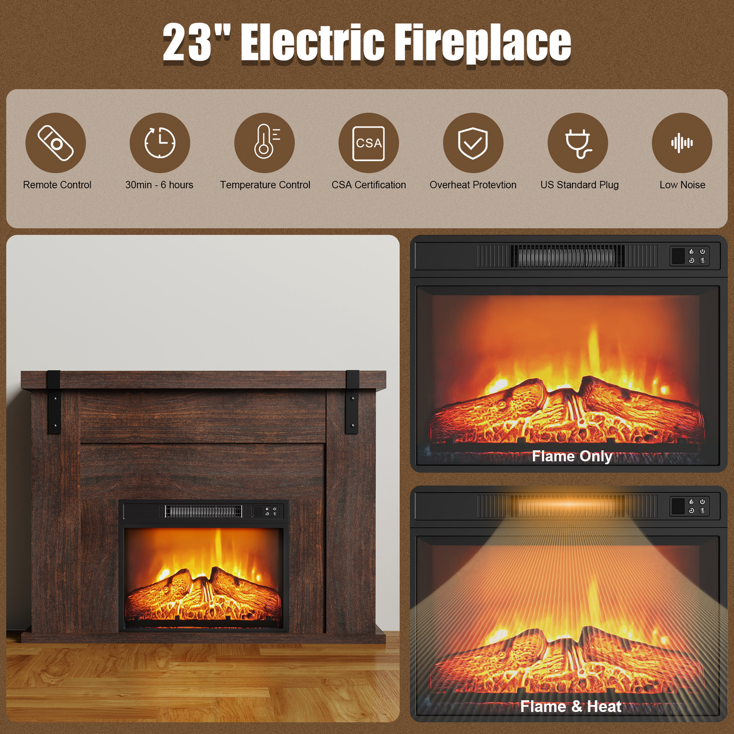 23 Inches Freestanding Electric Fireplace Insert