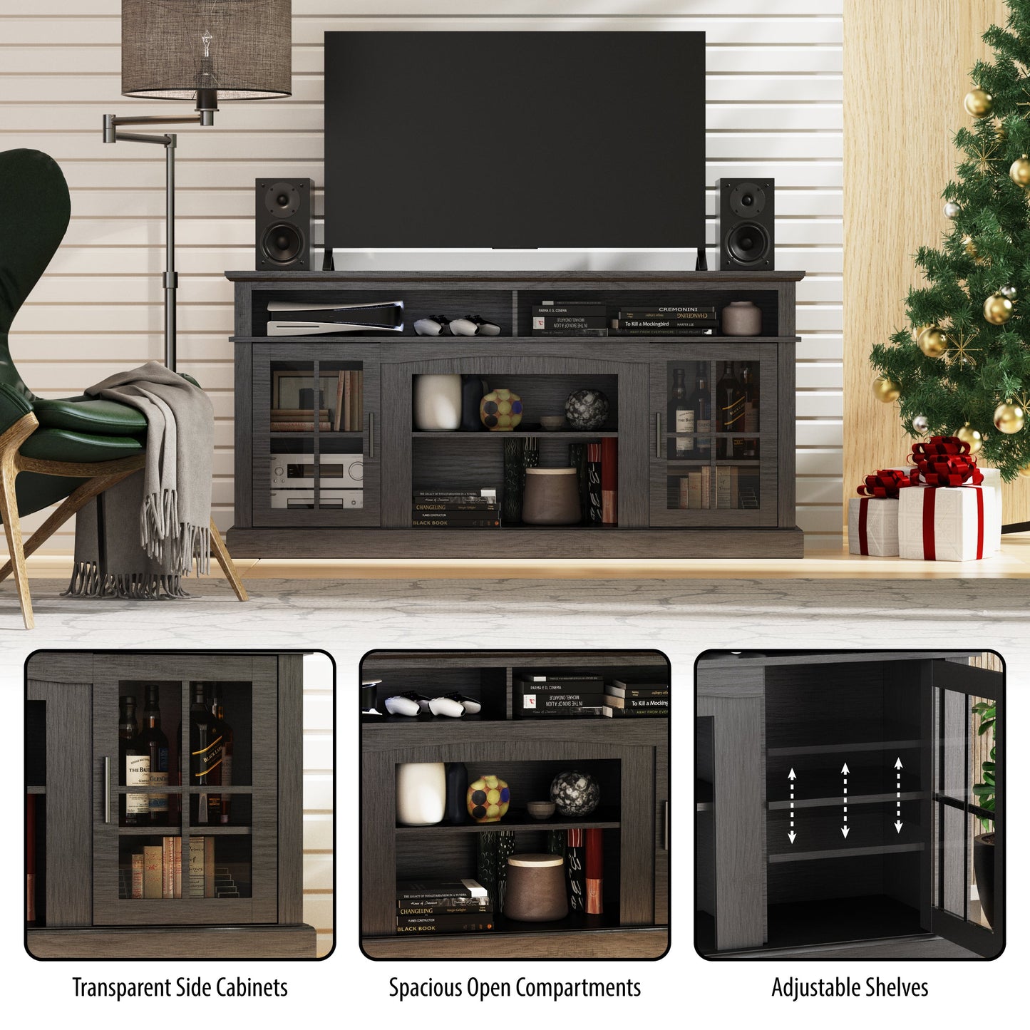 58 Inches TV Stand with Open Shelves