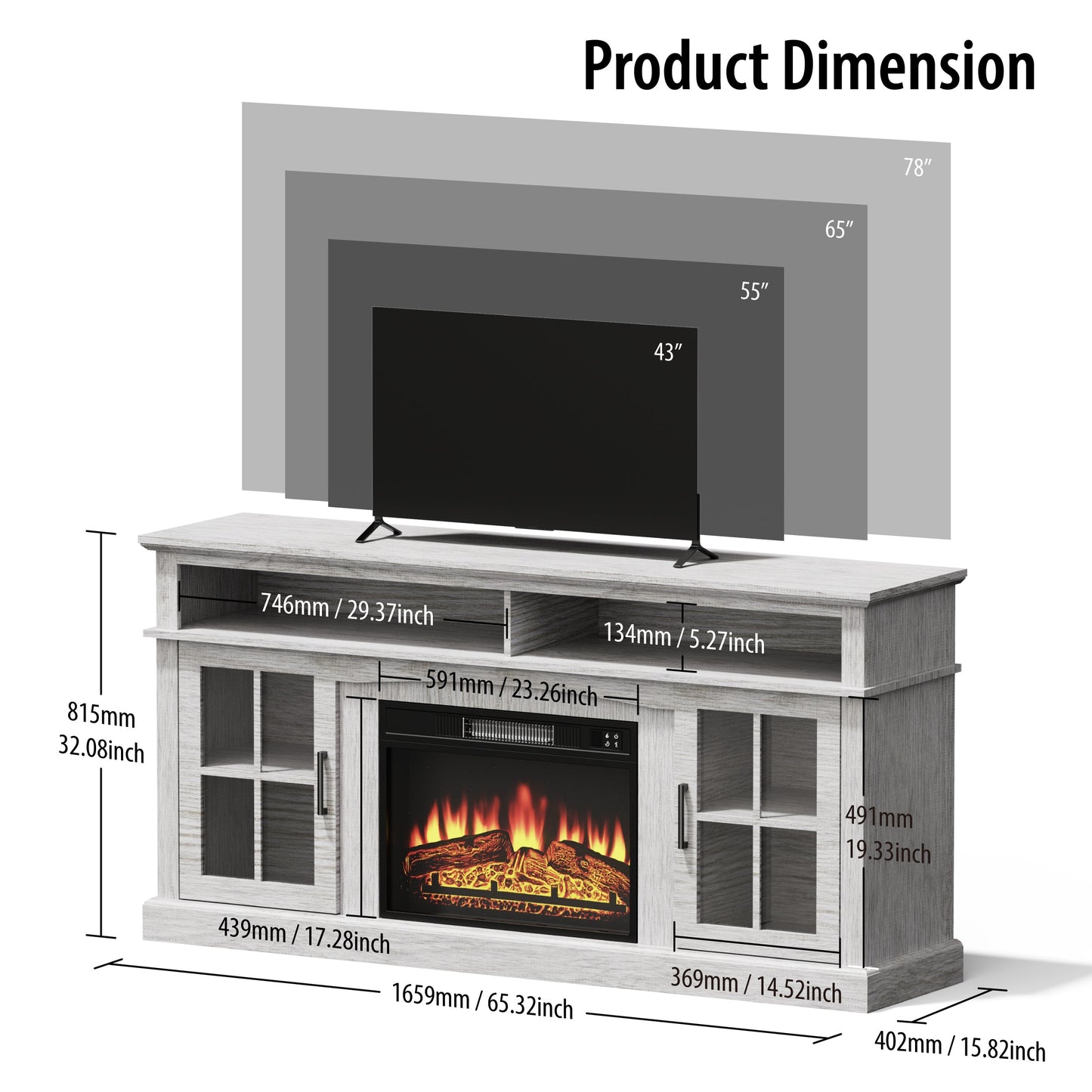 65 Inches TV Stand with 23in Fireplace